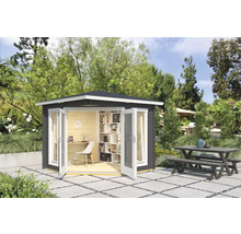 Gartenhaus mit geöffneten Türen und Büromöbeln im Inneren, sowie einer Picknickbank im Garten