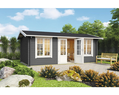 Gartenhaus Outdoor Life Pembrokeshire 53 inkl. Fußboden 540 x 345,8 cm carbongrau Gartenhaus aus Holz mit Fenstern und Doppeltür im Garten