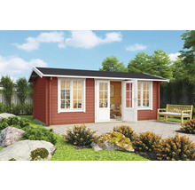 Holzgartenhaus mit Fenstern und Doppeltür im Garten