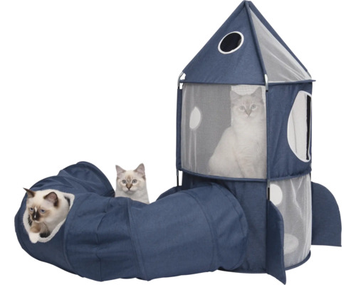 Katzenhaus in Raketenform mit Tunnel und drei Katzen