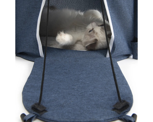 Katze entspannt in einer blauen Katzenhöhle