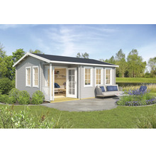 Graues Gartenhaus mit Terrasse und Gartenmöbeln in einer grünen Gartenumgebung