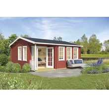 Abbildung eines Gartenhauses aus Holz mit Terrasse und Gartenmöbeln