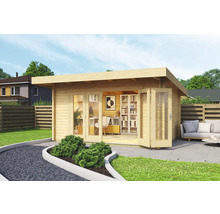 Holzgartenhaus mit Flügeltüren und Büroausstattung im Garten