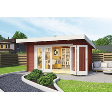 Holzgartenhaus mit Doppeltür und Büroeinrichtung