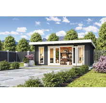 Modernes Gartenhaus mit Büroausstattung, Holzverkleidung und Fenstern für den Hornbach Webshop.