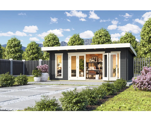 Modernes Gartenhaus mit Büroausstattung, Holzverkleidung und Fenstern für den Hornbach Webshop.