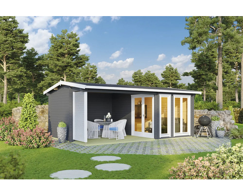 Gartenhaus Outdoor Life Torquay 44 inkl. Fußboden, Terrasse 575 x 370 cm carbongrau