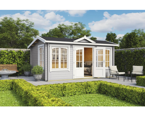 Gartenhaus Outdoor Life Windsor 44 inkl. Fußboden 440 x 340,2 cm lichtgrau Garten Szene mit einem grauem Gartenhaus mit Fenstern und doppelter Tür