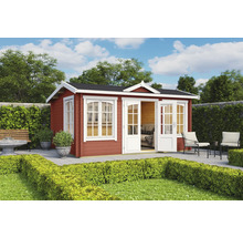 Gartenhaus aus Holz mit Doppeltür und Fenstern im Außenbereich