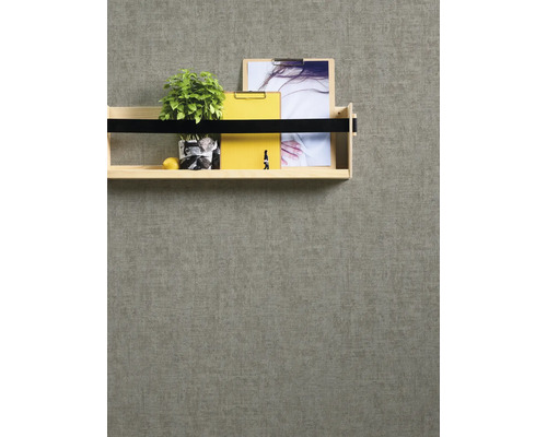 Regal aus Holz mit Pflanze und Büromaterial an der Wand