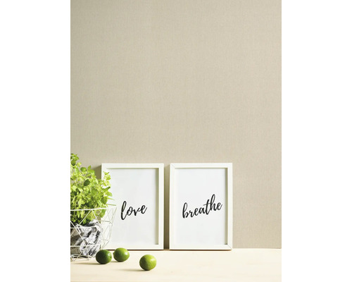 Dekorative Szene mit zwei gerahmten Postern, auf denen die Wörter Liebe und Atmen stehen, einem Topf mit Oregano und Limetten.