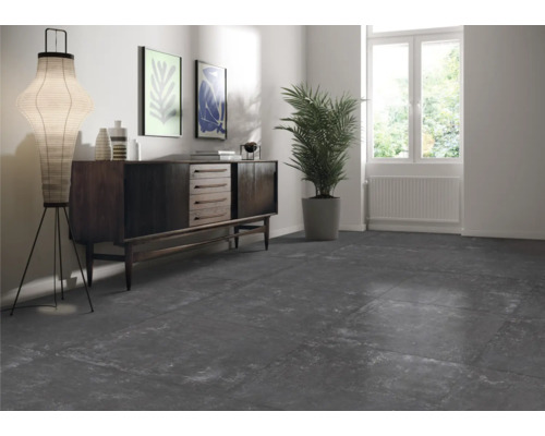 Modernes Wohnzimmer mit dunklem Fliesenboden, Kommode, Lampe und Zimmerpflanze.