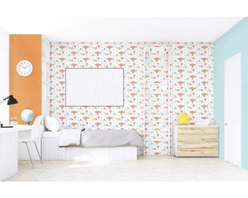 Kinderzimmer mit Flugzeugtapete, Bett, Schreibtisch und Leiter