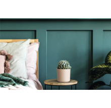 Schlafzimmer mit Bett, Wandvertäfelung, Beistelltisch mit Sukkulente