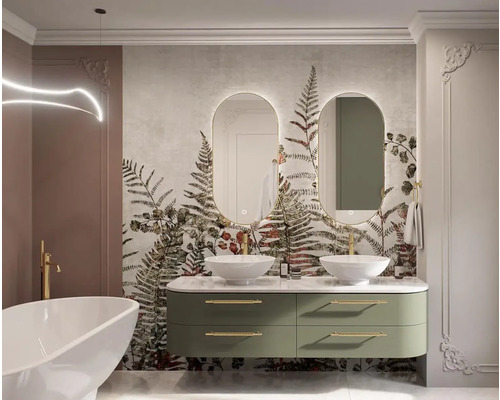Helles Badezimmer mit Doppelwaschtisch, ovalen Spiegeln und floraler Tapete