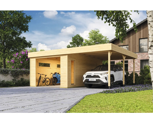 Einzelgarage Outdoor Life Bahamas ohne Tor inkl. Dachanbau 660 x 540 cm natur Garage mit Carport aus Holz mit Auto, Motorrad und Fahrrad