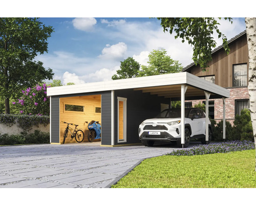 Einzelgarage Outdoor Life Bahamas ohne Tor inkl. Dachanbau 660 x 540 cm carbongrau Holzgarage mit Carport und einem parkenden Auto