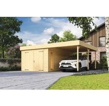 Holzgarage mit Carport und geparktem Auto