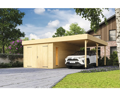 Einzelgarage Outdoor Life Bahamas mit Flügeltor inkl. Dachanbau 660 x 540 cm natur Holzgarage mit Carport und geparktem Auto