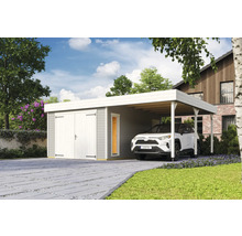 Garage mit Carport aus Holz und parkendem Auto