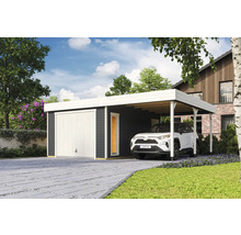 Garage mit Carport und geparktem Auto