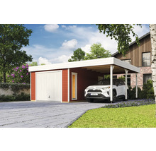Holzgarage mit Carport und geparktem Auto