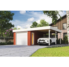 Garage mit Carport und geparktem Auto