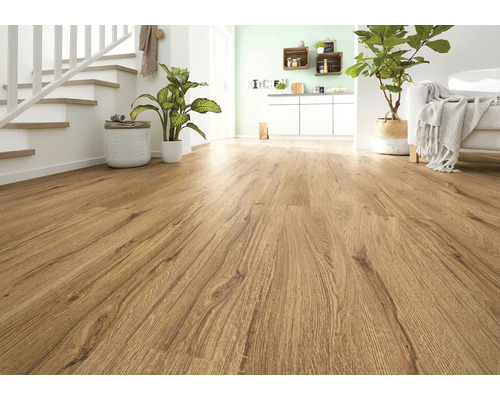 Heller Wohnraum mit Laminatboden in Holzoptik, Treppe und Zimmerpflanzen