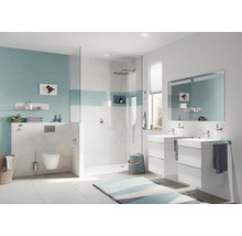 Badezimmer mit Dusche, Waschtischen, Spiegel und Toilette.