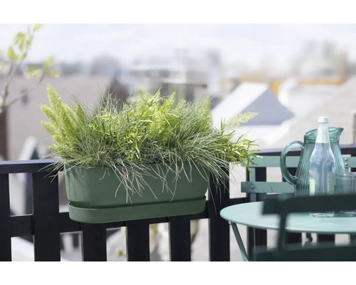 Blumenkasten auf einem Balkon mit Tisch und Stuhl