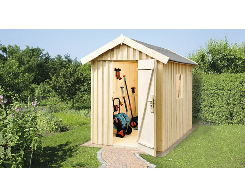 Gartenhaus weka Schwedenhaus Gr. 1 inkl. Fußboden 200 x 208 cm natur Gartenhaus mit geöffneter Tür und Gartengeräten im Inneren in einem Garten
