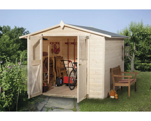 Gartenhaus weka 316 Gr. 5 inkl. Fußboden 290 x 318 cm natur Gartenhaus mit geöffneten Türen und Gartengeräten