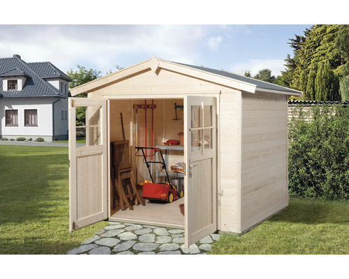 Gartenhaus weka 224 Gr. 3 inkl. Fußboden 280 x 263 cm natur Holzgartenhaus mit geöffneten Doppeltüren und Gartengeräten im Inneren