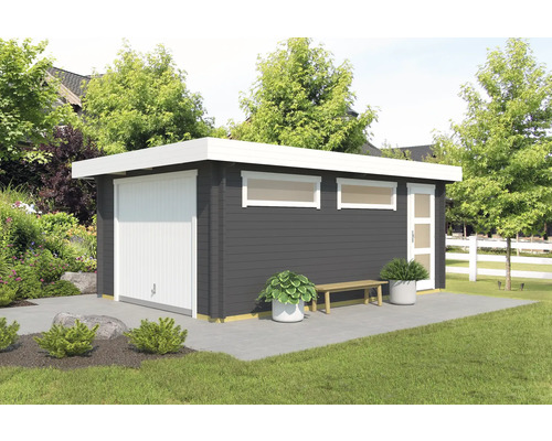 Einzelgarage Outdoor Life Canberra mit Schwingtor 422,7 x 600 cm carbongrau Modernes Gartenhaus mit Garagentor, Fenster und Seitentür im Garten