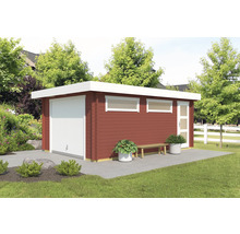Modernes Gartenhaus mit Garage, Tür und Fenster im Garten