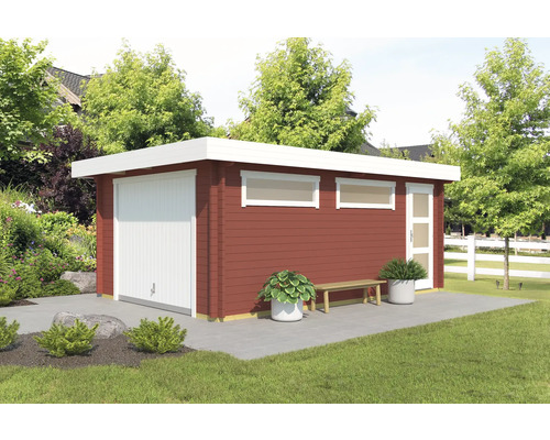 Einzelgarage Outdoor Life Canberra mit Schwingtor 422,7 x 600 cm schwedenrot Modernes Gartenhaus mit Garage, Tür und Fenster im Garten