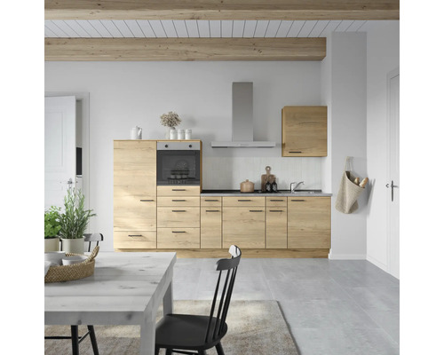 NOBILIA Küchenzeile mit Geräten Natur 300 cm eiche sierra matt montiert Variante links