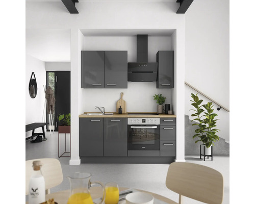 NOBILIA Küchenzeile mit Geräten Urban 180 cm schiefergrau hochglanz vormontiert Variante rechts