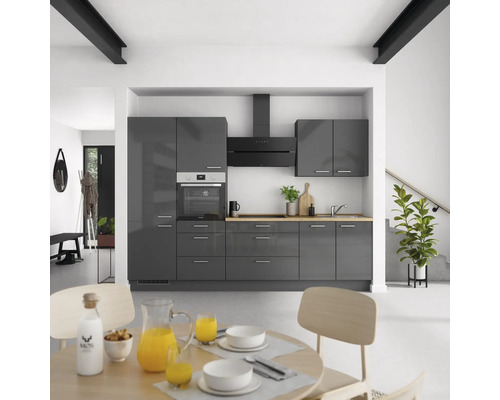 NOBILIA Küchenzeile mit Geräten Urban 300 cm schiefergrau hochglanz vormontiert Variante links