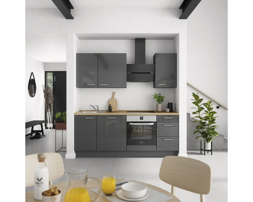 NOBILIA Küchenzeile mit Geräten Urban 210 cm schiefergrau hochglanz vormontiert Variante rechts