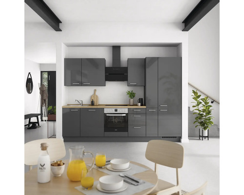 NOBILIA Küchenzeile mit Geräten Urban 300 cm schiefergrau hochglanz vormontiert Variante rechts