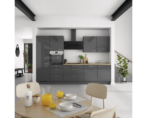 NOBILIA Küchenzeile mit Geräten Urban 330 cm schiefergrau hochglanz vormontiert Variante links