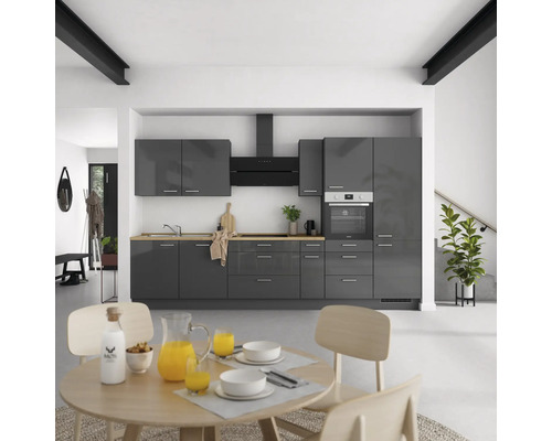 NOBILIA Küchenzeile mit Geräten Urban 360 cm schiefergrau hochglanz vormontiert Variante rechts