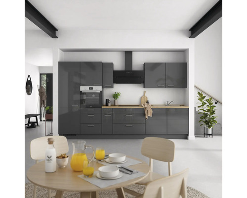 NOBILIA Küchenzeile mit Geräten Urban 360 cm schiefergrau hochglanz vormontiert Variante links