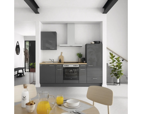 NOBILIA Küchenzeile mit Geräten Urban 240 cm schiefergrau hochglanz vormontiert Variante rechts
