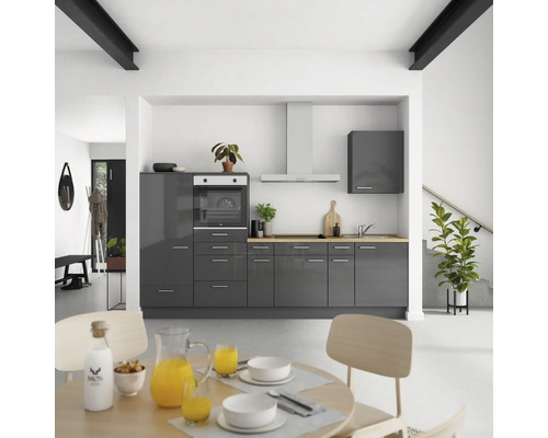 NOBILIA Küchenzeile mit Geräten Urban 300 cm Frontfarbe schiefergrau hochglanz Korpusfarbe schiefergrau Variante links