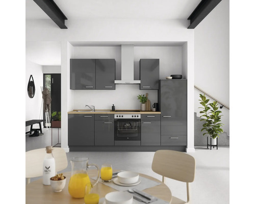 NOBILIA Küchenzeile mit Geräten Urban 270 cm schiefergrau hochglanz vormontiert Variante rechts