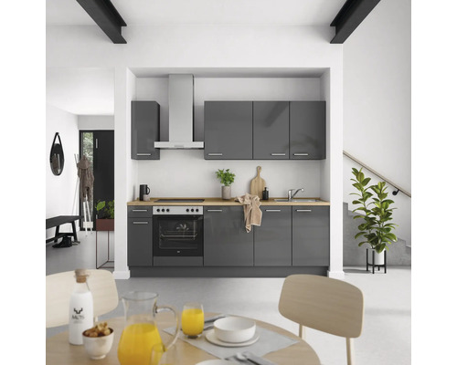 NOBILIA Küchenzeile mit Geräten Urban 240 cm schiefergrau hochglanz montiert Variante links
