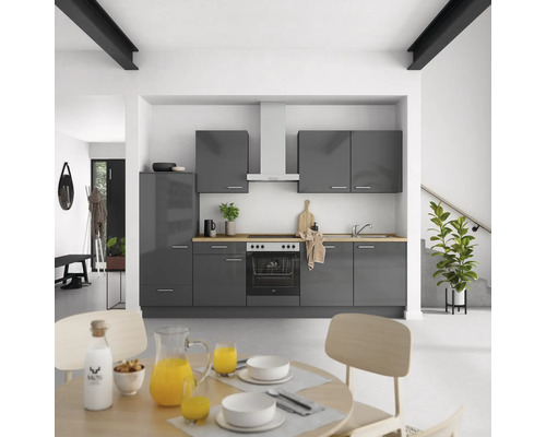 NOBILIA Küchenzeile mit Geräten Urban 300 cm Frontfarbe schiefergrau hochglanz Korpusfarbe schiefergrau Variante links